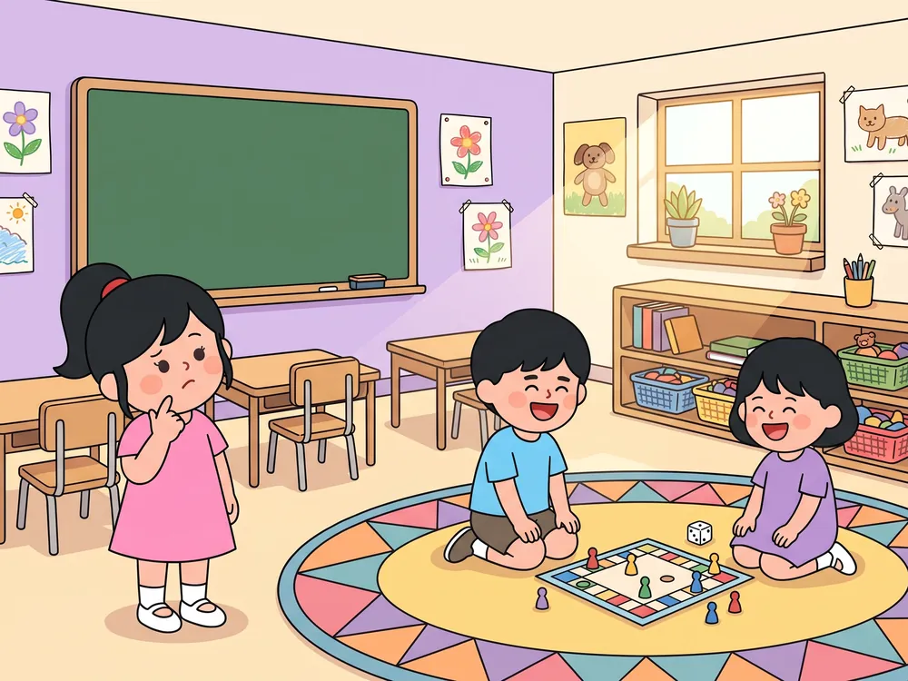 교실에서 민호와 미나가 보드게임을 하며 웃고, 조금 떨어진 곳에서 레아가 손가락을 볼에 대고 고개를 갸우뚱하는 모습