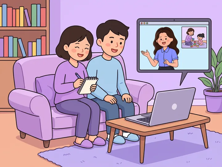 노트북 화면 속 선생님에게 놀이 영상으로 코칭을 받으며 메모하는 엄마와 아빠