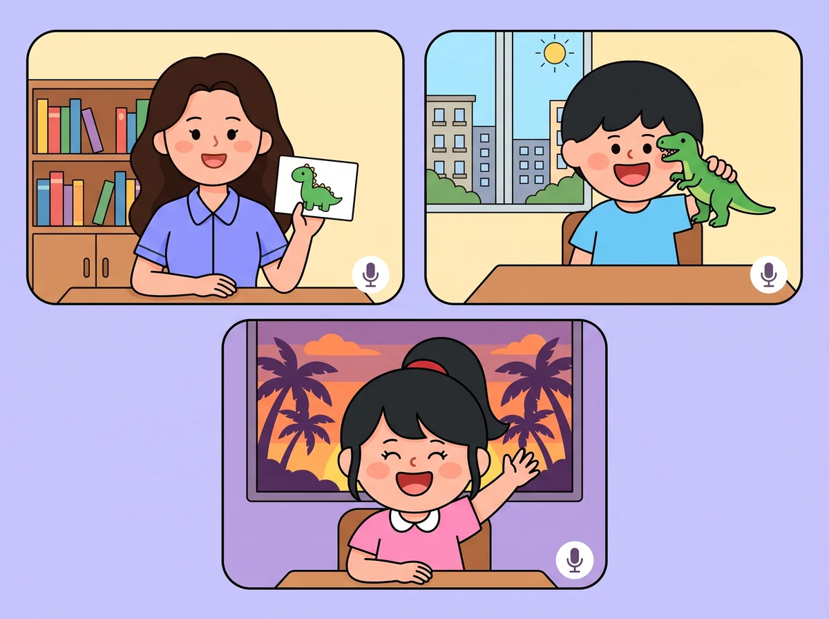 한 화상 수업 화면에 라라 선생님과 민호, 레아가 함께 있는 모습. 민호는 낮에 아파트가 보이는 창가에서 공룡 인형을 보여 주고, 레아는 노을 지는 야자수 창가에서 손을 흔들어요